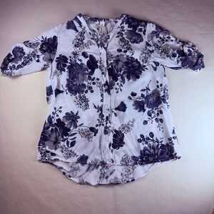 New Collection Italy Floral Button Down Shirt Blue White XL Roll Tab Sleeve